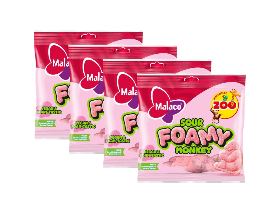 Malaco Zoo Sour Foamy Monkey 4 × 115g – Swedish soft foam monkey-shaped candy with fruity Zoo flavour and sour-sugar coating, gelatin-free and vegan
