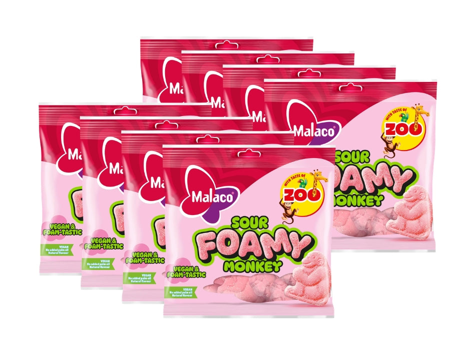 Malaco Zoo Sour Foamy Monkey 8 × 115g – Swedish soft foam monkey-shaped candy with fruity Zoo flavour and sour-sugar coating, gelatin-free and vegan
