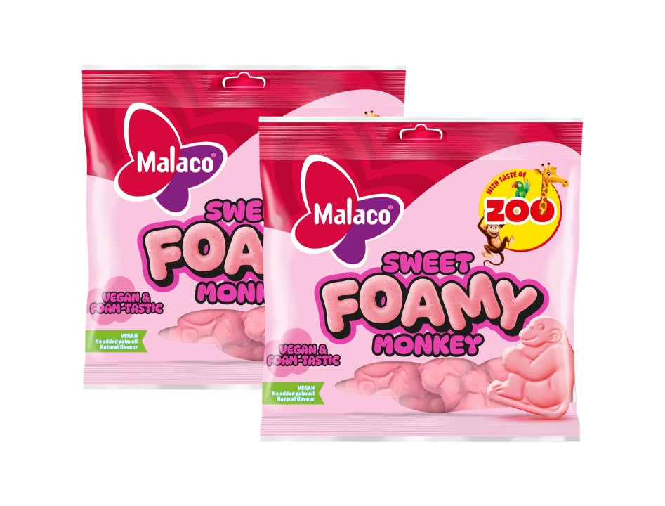 Malaco Zoo Sweet Foamy Monkey 2 × 115g – Swedish large soft foam monkey-shaped candy with fruity Zoo flavour, no sour coating, gelatin-free and vegan
