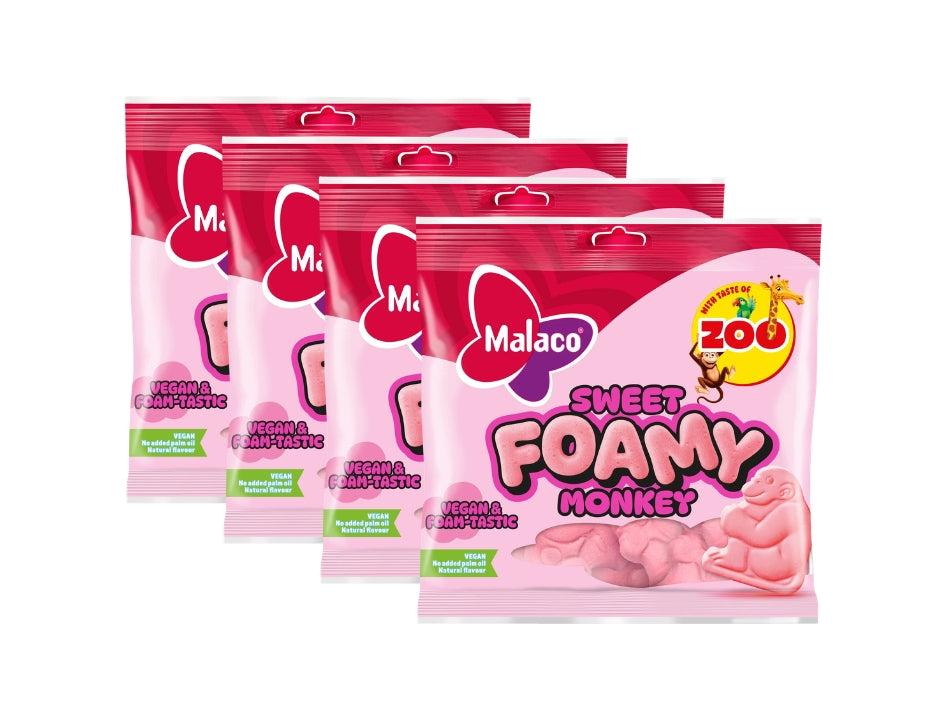Malaco Zoo Sweet Foamy Monkey 4 × 115g – Swedish large soft foam monkey-shaped candy with fruity Zoo flavour, no sour coating, gelatin-free and vegan
