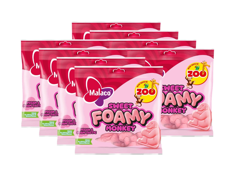 Malaco Zoo Sweet Foamy Monkey 8 × 115g – Swedish large soft foam monkey-shaped candy with fruity Zoo flavour, no sour coating, gelatin-free and vegan
