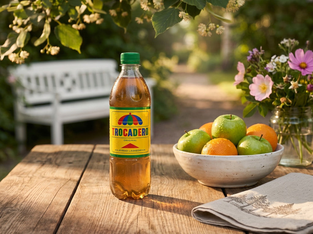Trocadero Original 50cl – Swedish Orange & Apple Soft Drink in the garden
