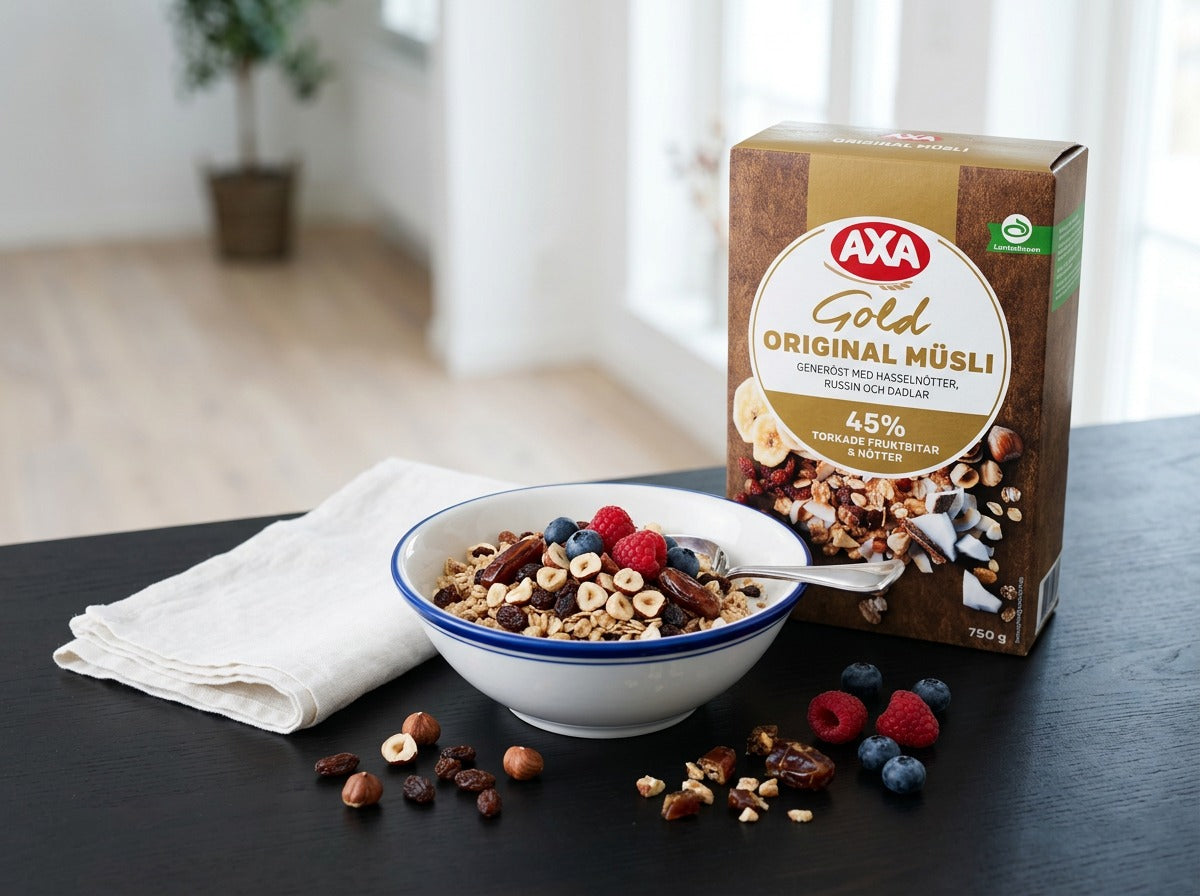 Bowl of AXA Gold Original Müsli with berries, hazelnuts, raisins and dates beside the 750g package.