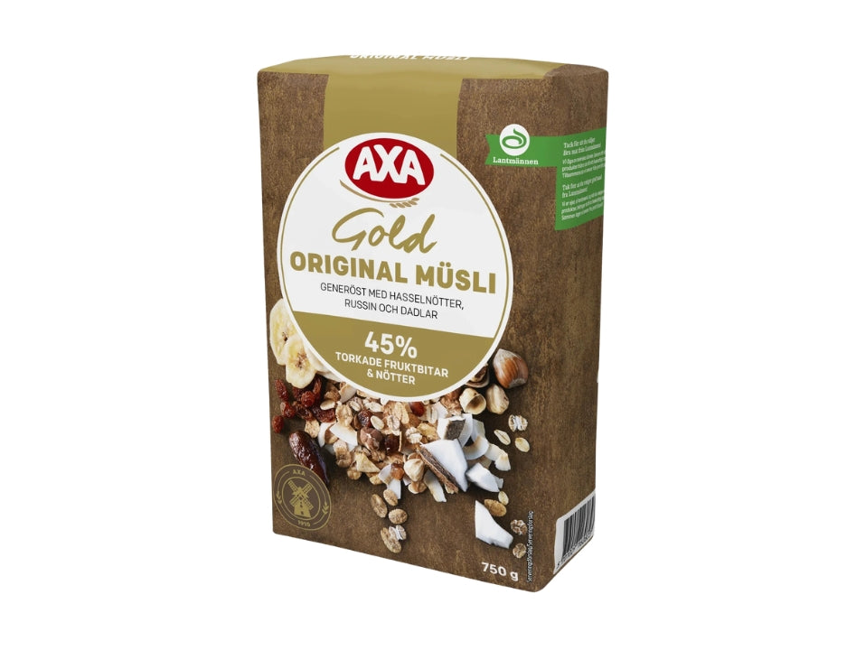 AXA Gold Original Müsli 750g Swedish premium muesli package with hazelnuts, raisins and dates.