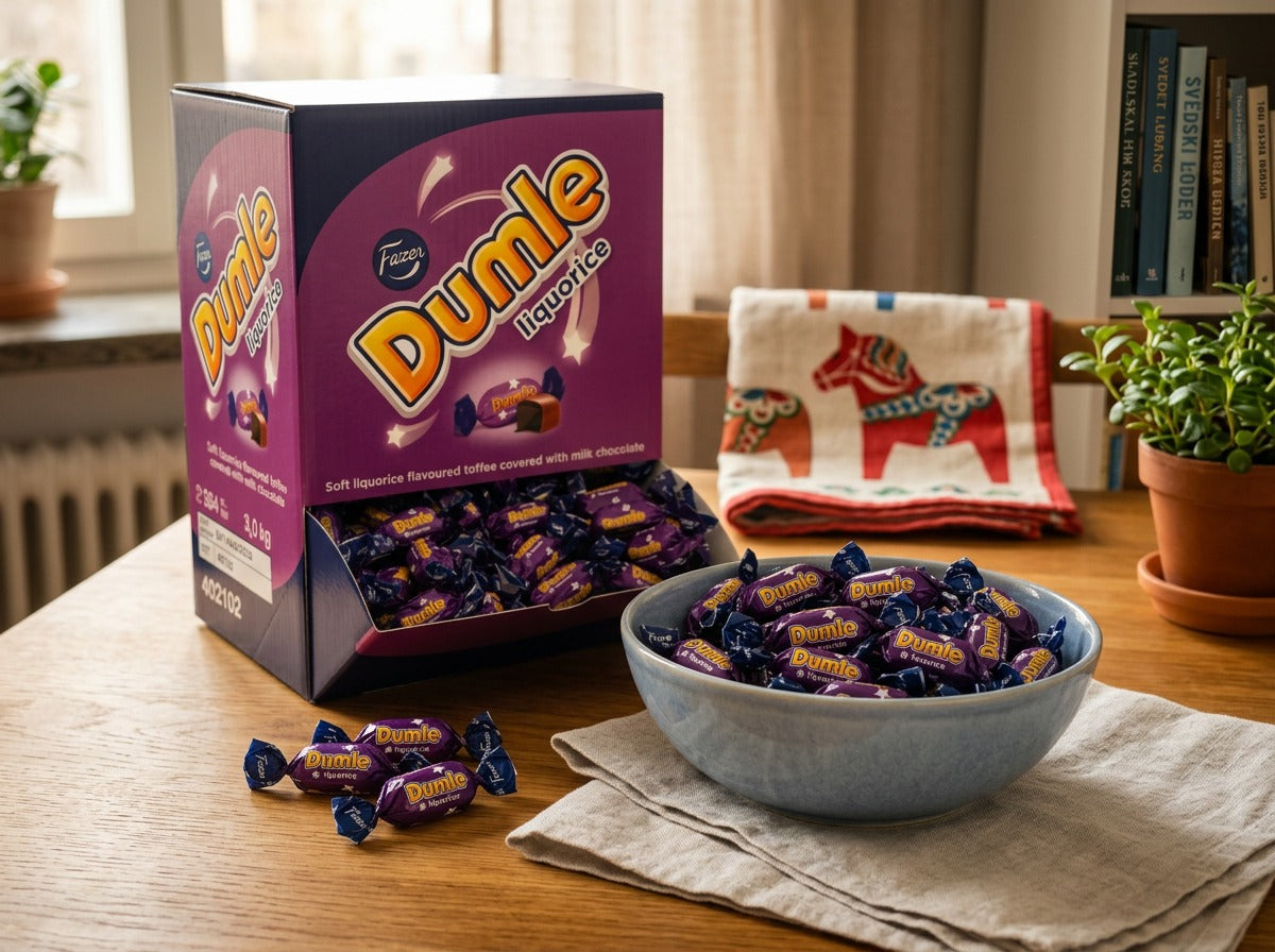 Fazer Dumle Liquorice 3kg (105.82 oz) – Includes Original Commercial Box – Finnish Milk Chocolate & Soft Caramel with Liquorice Flavor