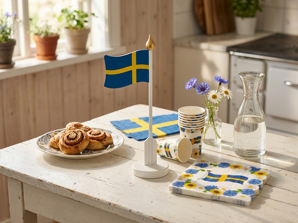 Swedish Wooden Flag Decoration – 25 × 13 cm | Freestanding Swedish Flag for Midsummer, National Day &amp; Graduation Celebrations