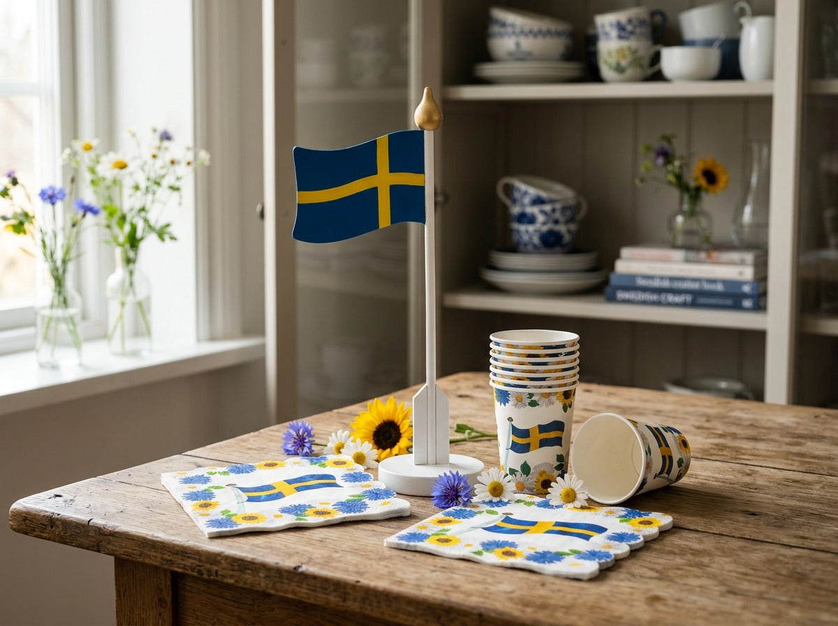 Swedish Wooden Flag Decoration – 25 × 13 cm | Freestanding Swedish Flag for Midsummer, National Day &amp; Graduation Celebrations