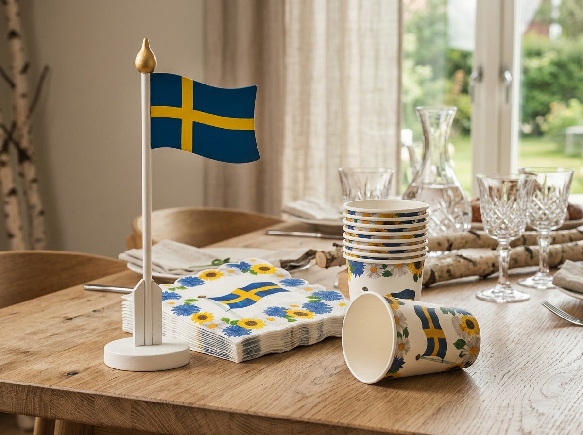Swedish Wooden Flag Decoration – 25 × 13 cm | Freestanding Swedish Flag for Midsummer, National Day &amp; Graduation Celebrations