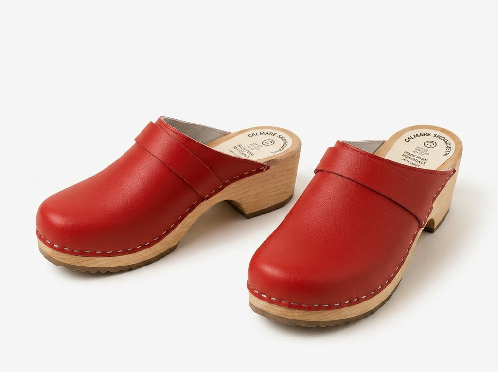 Calmare Original Swedish Red Wooden Clogs – Handmade in Sweden | Genuine Leather & Alder Wood