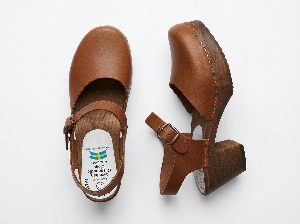 Swedish Wooden Clogs Asia High Natur Brown – Handmade in Sweden | Genuine Leather | 7cm High Heel