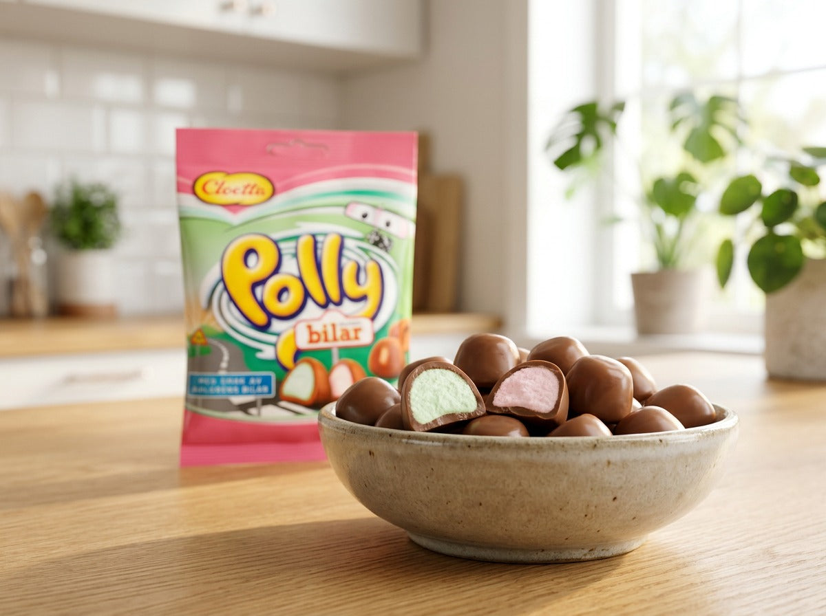 Cloetta Polly Chokladbilar 2 × 150g (2 × 5.29 oz) – Authentic Swedish Chocolate-Coated Foam Candy Cars
