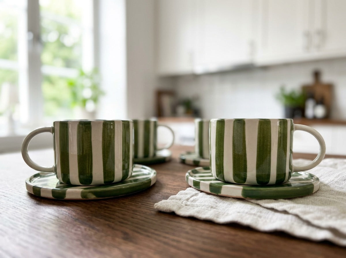 Olsson & Jensen Monica Cup & Saucer Set – Green – 4 Cups & 4 Saucers – Hand-Painted Stoneware