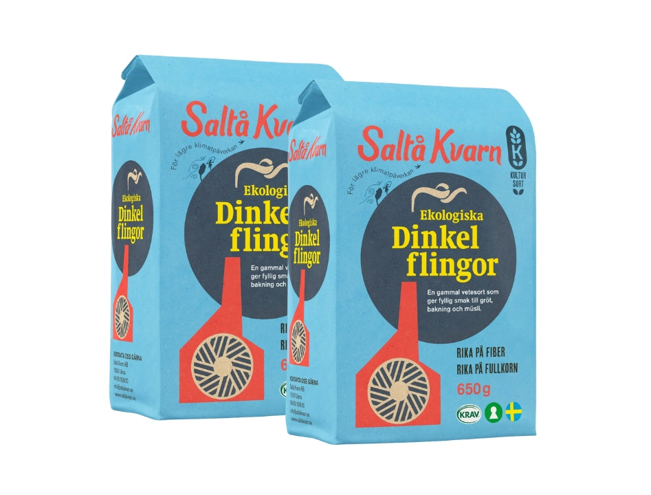 Two bags of Saltå Kvarn Dinkelflingor KRAV Organic 650g authentic Swedish whole grain spelt flakes.