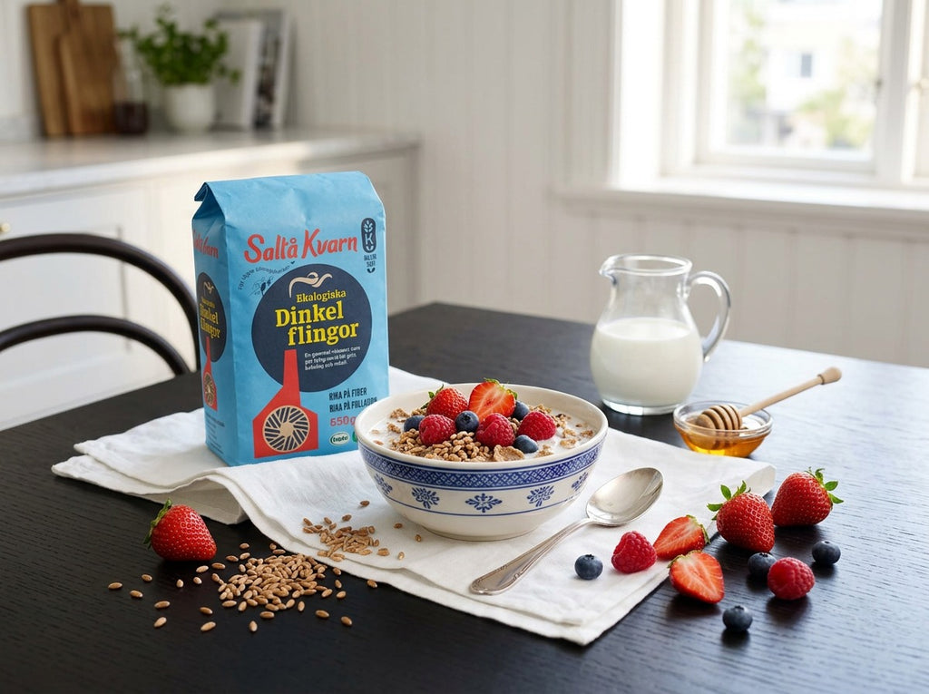 Saltå Kvarn Dinkelflingor KRAV Organic whole grain spelt flakes served with milk, berries and honey for a healthy Swedish breakfast.