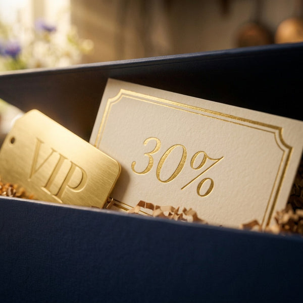 Swedish Cravings VIP gold gift box with 30% discount card and VIP tag
