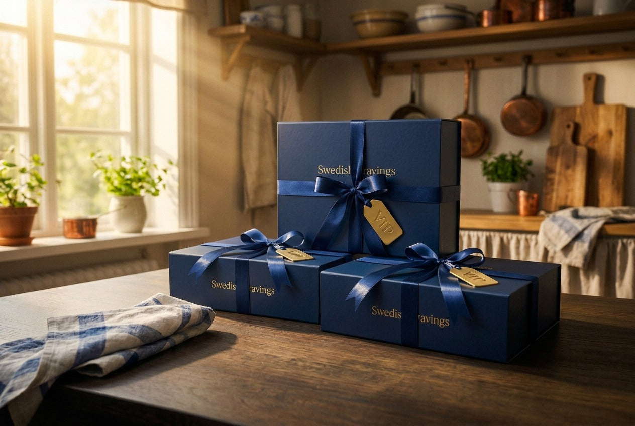 Three Swedish Cravings navy gift boxes with blue ribbon and gold VIP tags stacked on a kitchen table