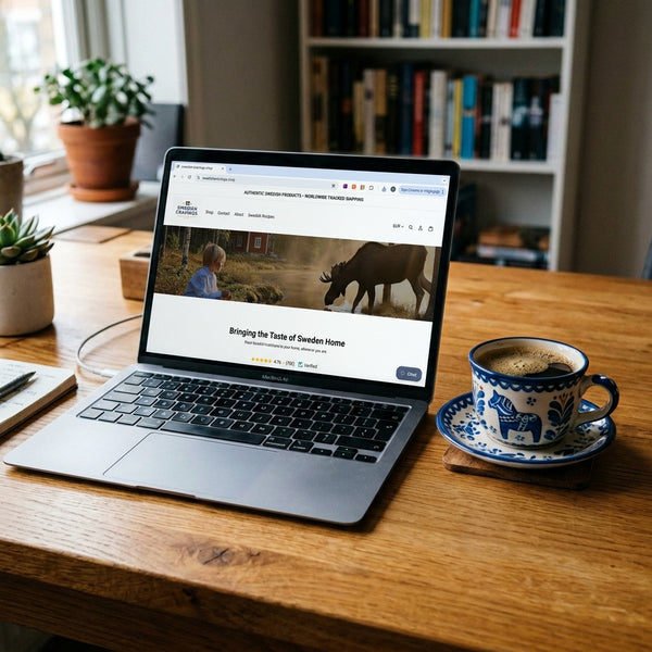 Swedish Cravings online store on laptop with traditional Swedish Dala horse coffee cup