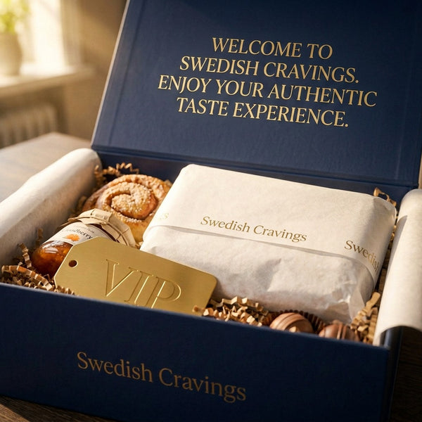 Swedish Cravings VIP welcome box with authentic Swedish snacks and VIP gold tag